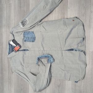 Buffalo David Bitton grey denim snap western Mens shirt Reverse Cuffs L NEW Jean